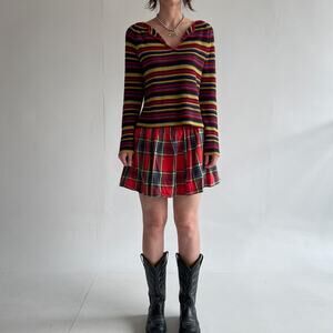 Vtg 90s Y2K Neutral Red knit striped top GNW Size M Wool Blend Grunge V Neck